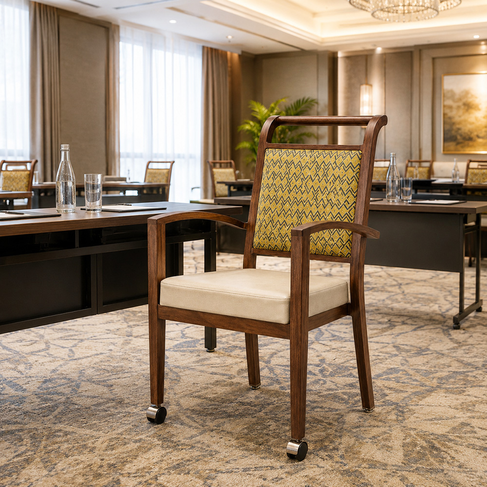 Harbor Arm Aluminum Dining Chair in a luxury hotel conference room featuring a wood grain aluminum frame, upholstered seat and back, front casters, and rear floor glides.