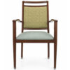 Harbor Arm Aluminum Dining Chair with upholstered green back and seat, wood grain aluminum frame, commercial hospitality and senior living dining chair, front view.