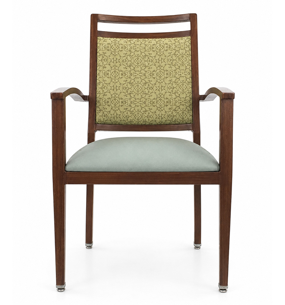 Harbor Arm Aluminum Dining Chair with upholstered green back and seat, wood grain aluminum frame, commercial hospitality and senior living dining chair, front view.