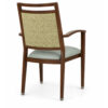 Rear angle view of Harbor Arm Aluminum Dining Chair with upholstered back panel, wood grain aluminum frame, commercial hospitality and senior living seating.