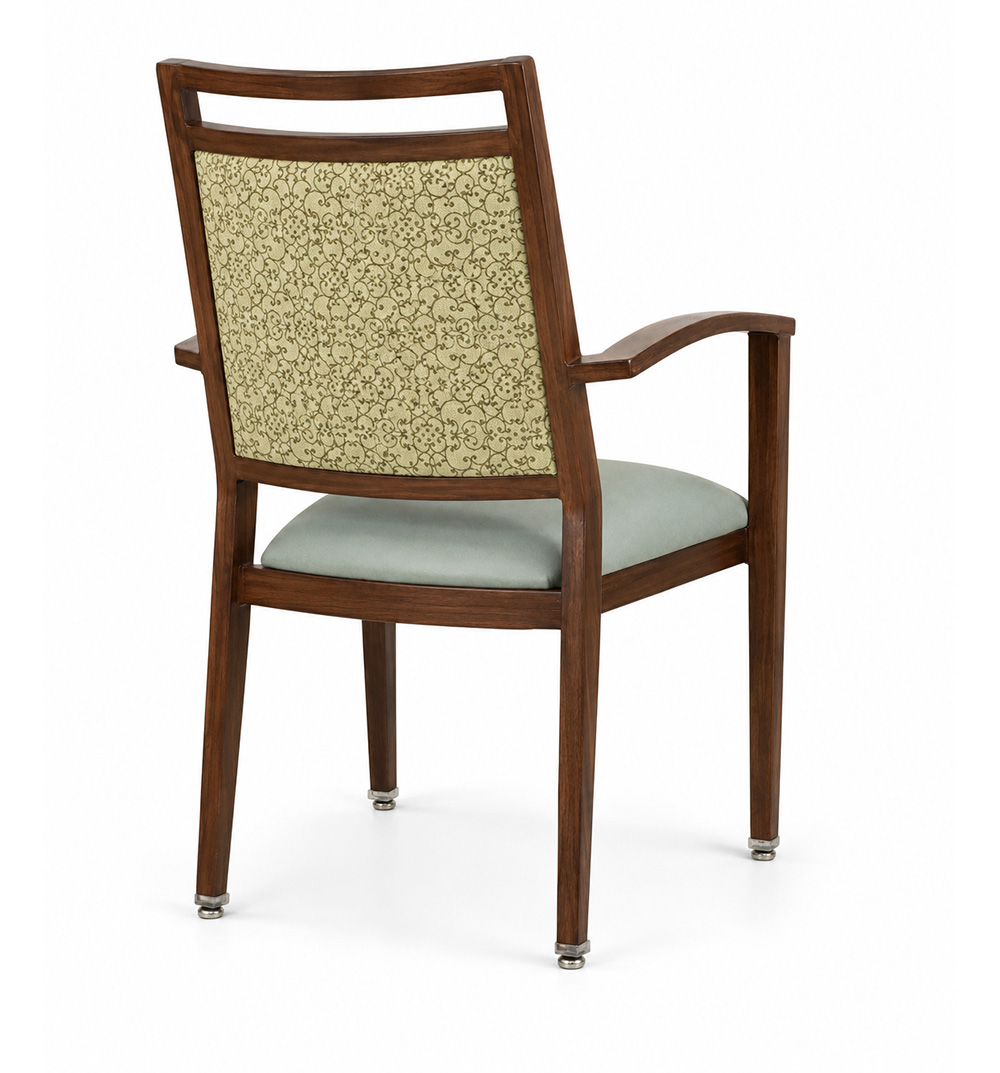 Rear angle view of Harbor Arm Aluminum Dining Chair with upholstered back panel, wood grain aluminum frame, commercial hospitality and senior living seating.