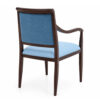 Back view of the Heritage Aluminum Arm Dining Chair featuring a dark wood grain aluminum frame and blue upholstered back and seat for senior living, healthcare, assisted living, and hospitality dining environments.