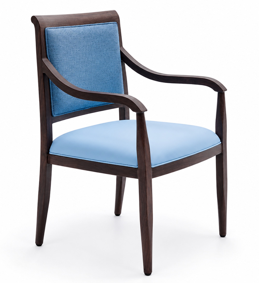 Heritage Aluminum Arm Dining Chair with dark wood grain frame and blue upholstered seat and back, one of the available custom color options for senior living and healthcare seating.