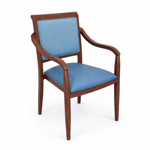 Heritage Aluminum Arm Dining Chair for senior living and healthcare facilities featuring a wood grain aluminum frame, ergonomic armrests, and upholstered seat and back.