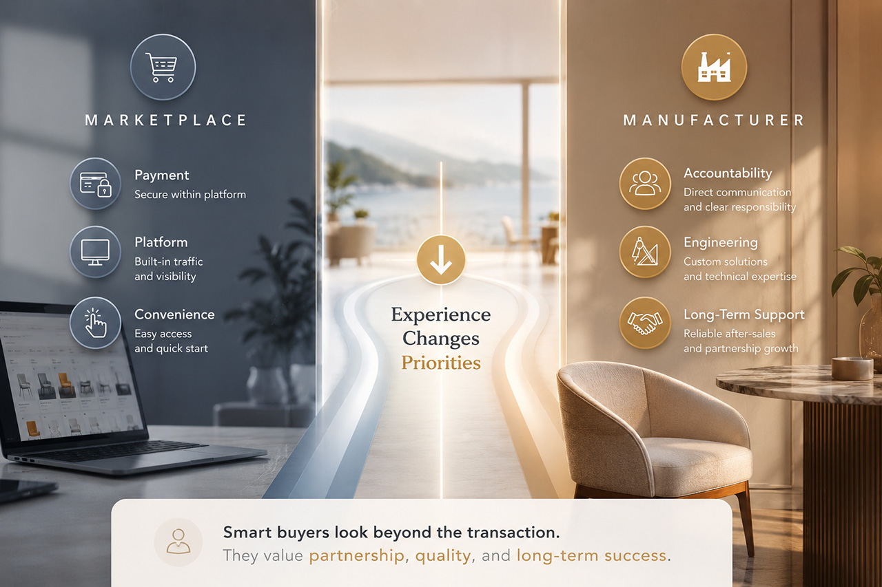 Marketplace trust vs manufacturer trust infographic showing why experienced global buyers eventually choose long-term manufacturing partners over marketplace-only relationships.