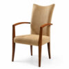 Wood frame upholstered arm dining chair in beige fabric, modern stackable hospitality seating for hotel, restaurant and banquet use