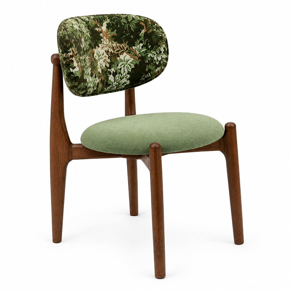 Alt Text Right angle view of Nordic Botanical Upholstered Dining Chair with solid wood frame and premium floral fabric upholstery.