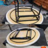 Commercial round dining table with folding metal frame and pearl cotton edge protection