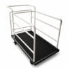 Black dance floor panel transport cart with white safety rails
