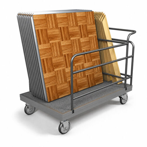 Heavy-duty dance floor panel transport cart with steel frame and carpeted platform