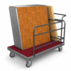 Heavy-duty dance floor panel transport cart with red carpet platform and steel frame