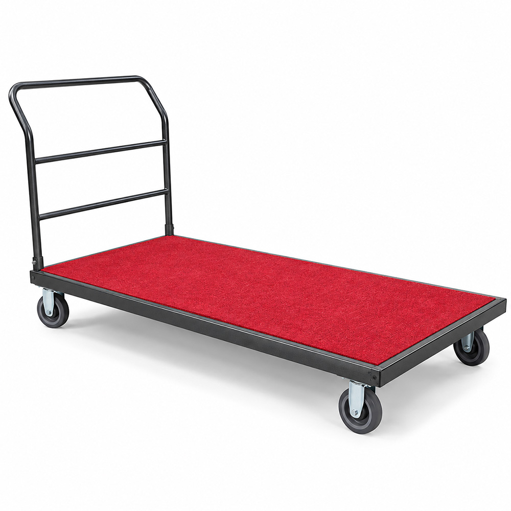 Rectangular table dolly with red carpet platform and rolling casters for banquet and event tables