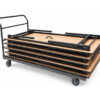 Rectangular table dolly carrying stacked folding tables with heavy-duty casters
