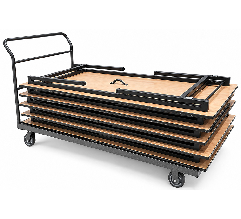 Rectangular table dolly carrying stacked folding tables with heavy-duty casters