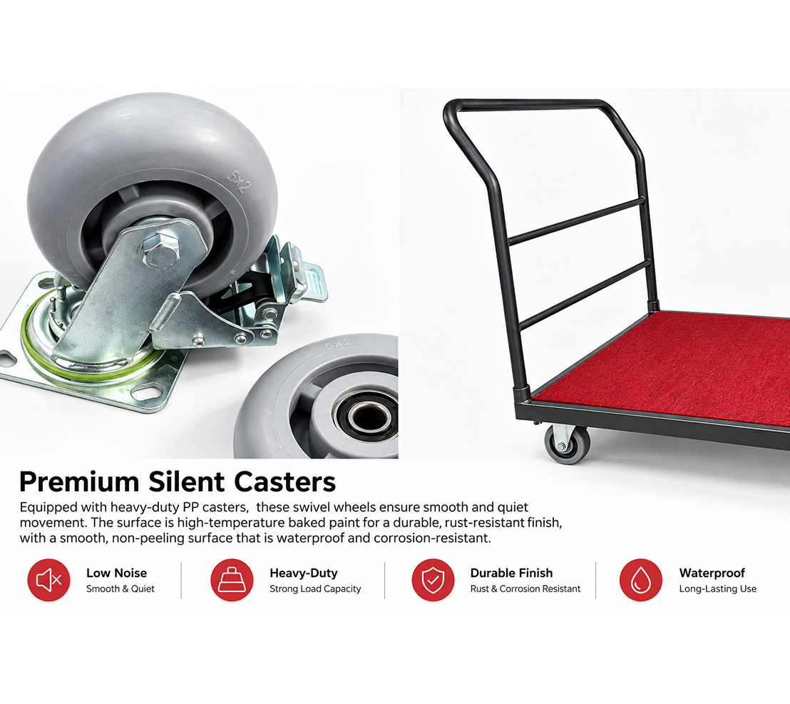 Heavy-duty rectangular table dolly with silent swivel casters and red carpet platform