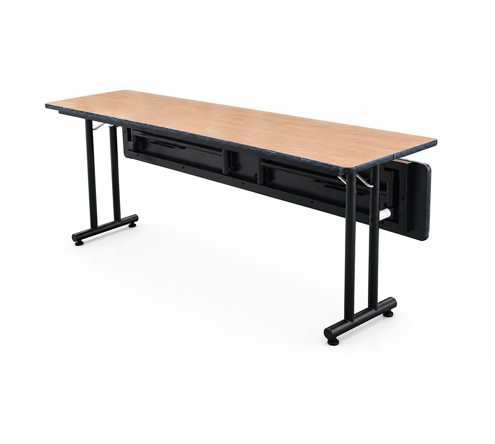 Rounded-edge HPL nesting flip-top training table with folding modesty panel
