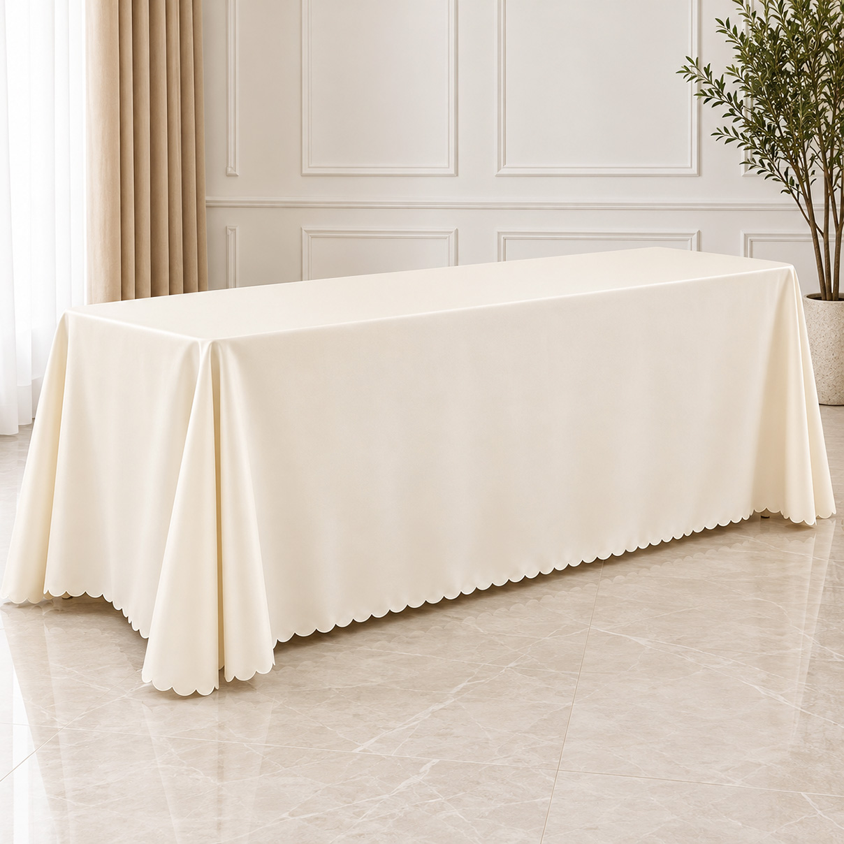 Ivory rectangular polyester tablecloth with elegant floor-length draping for hotel and banquet tables