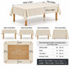 Rectangular tablecloth size guide showing table length, width, drop lengths from 30 to 70 cm, and custom tablecloth measurement formulas
