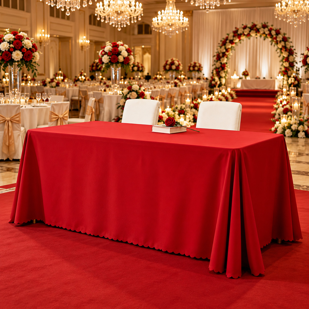 Red rectangular polyester tablecloth displayed in an elegant hotel banquet and event dining setup